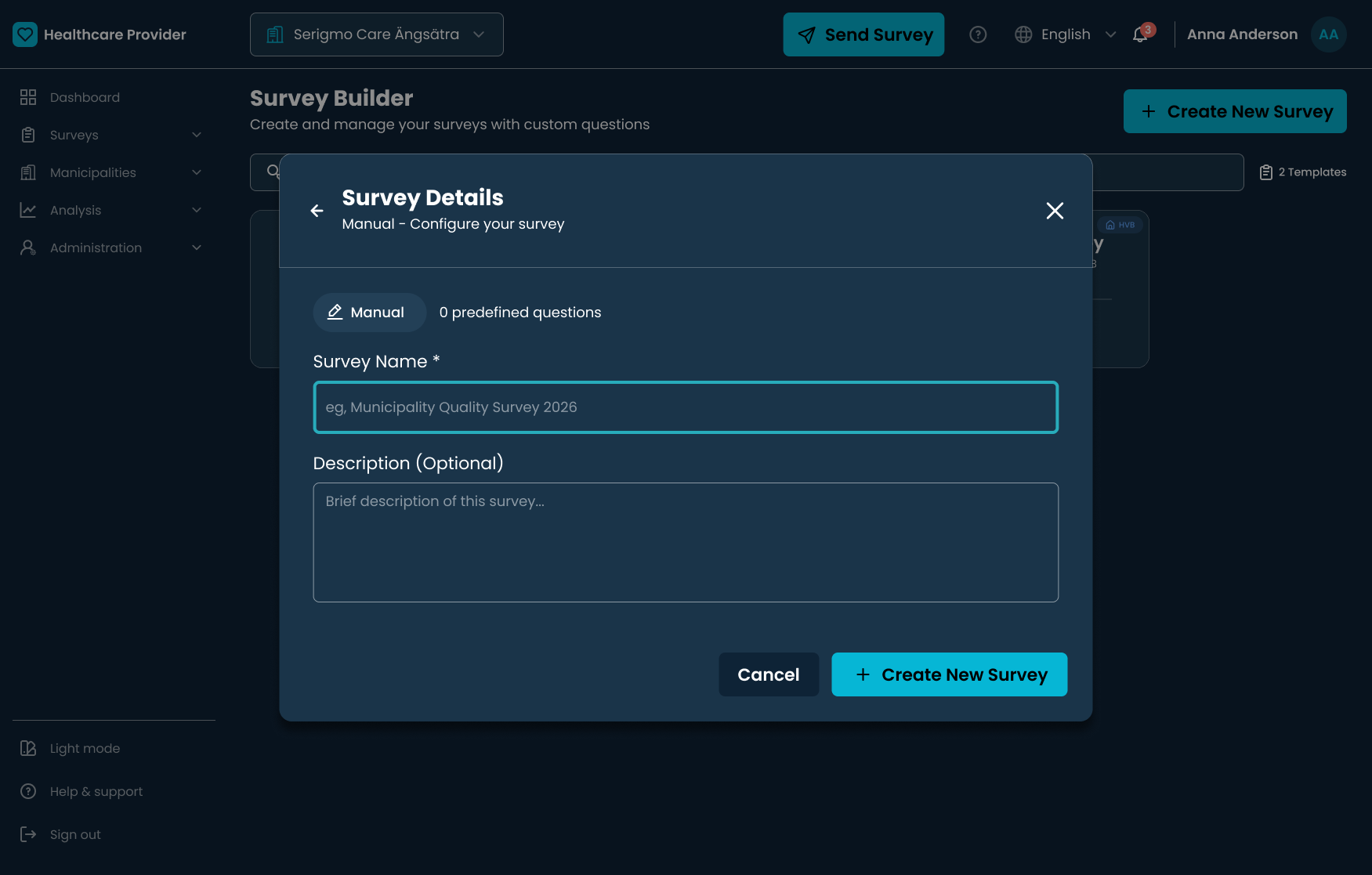 Survey details form for manual setup — name, type, and configuration fields.